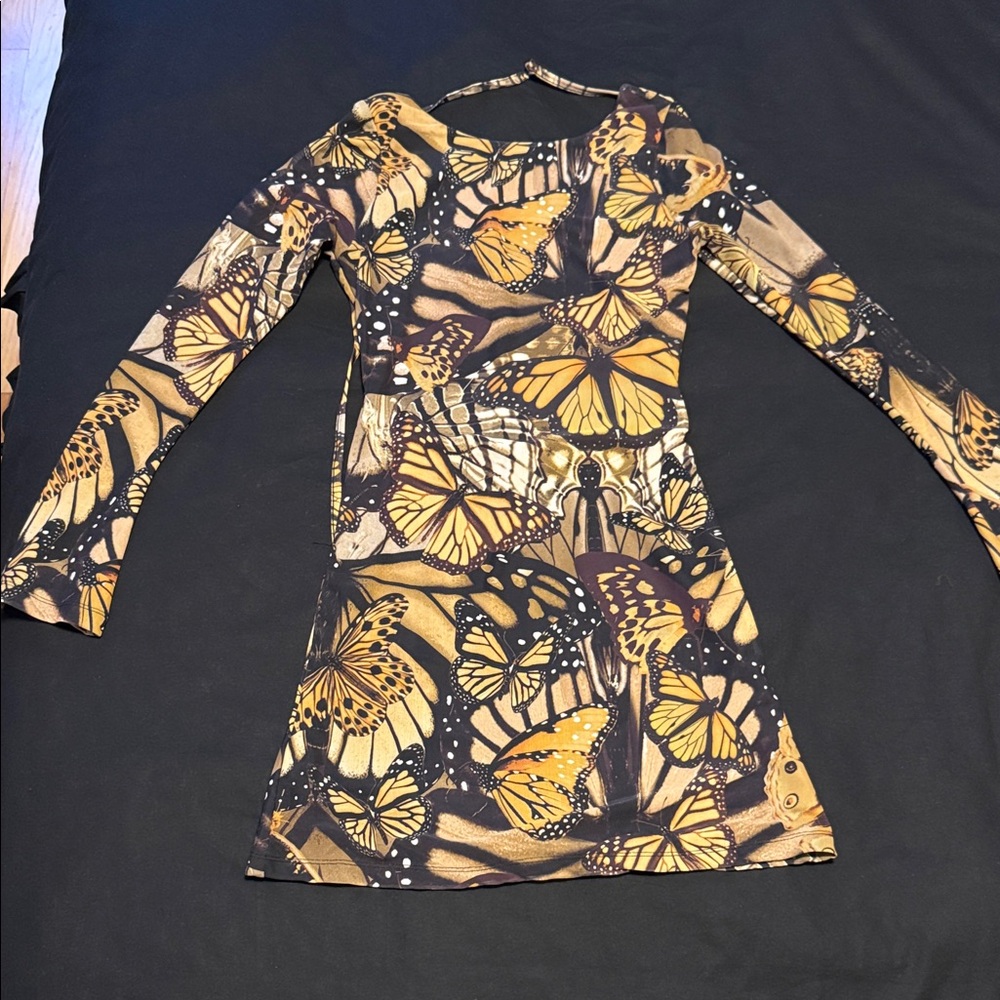 Motel Rocks Butterfly Print Long Sleeve Dress - Black and Yellow